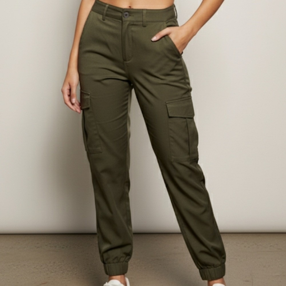Zara Womens Pull On Cargo Pant Loose Fit Stretch Jogger Pockets Olive Green‎ M